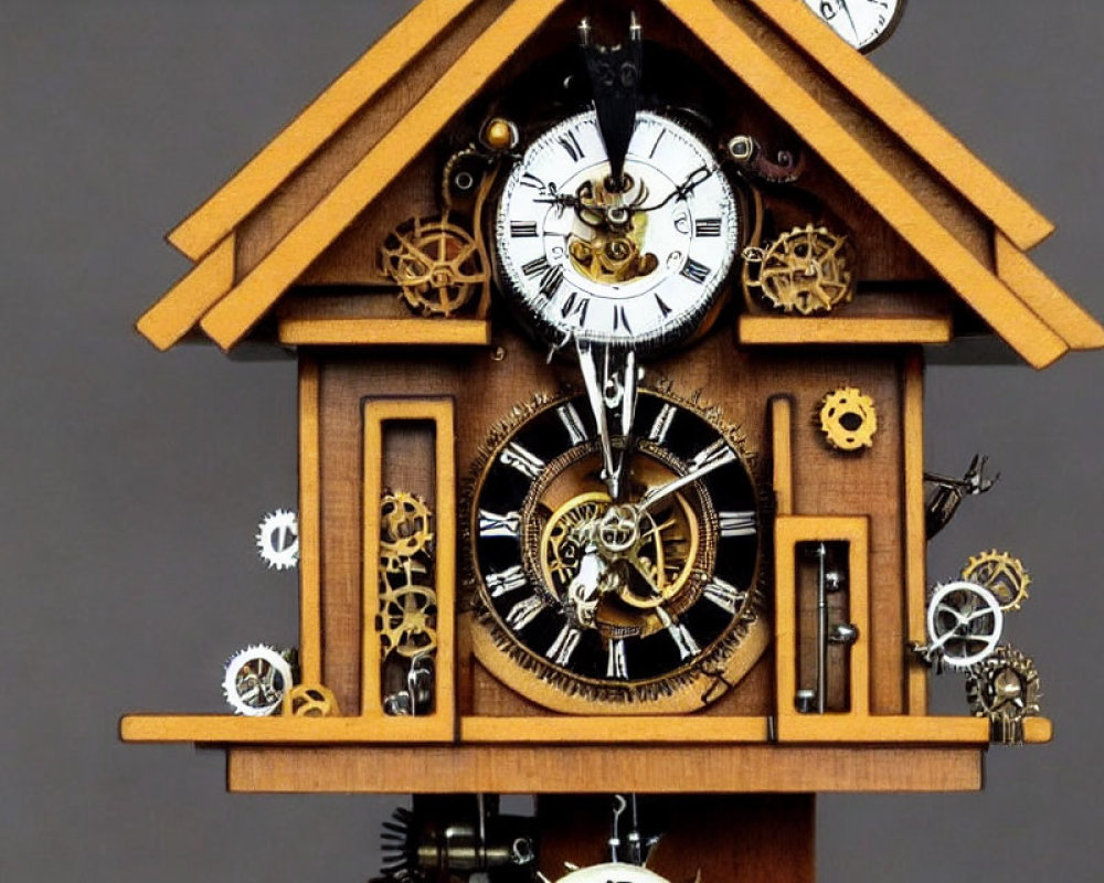 Steampunk-Inspired Cuckoo Clock with Exposed Gears and Metallic Finishes