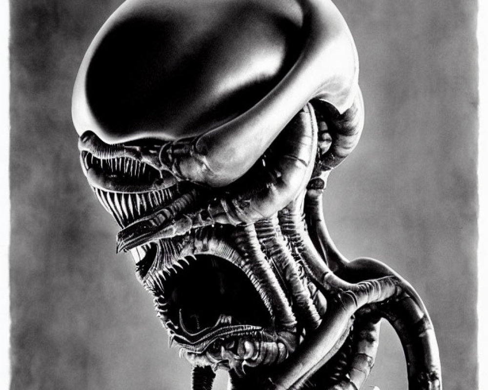 Monochromatic Xenomorph with open mouth in misty background