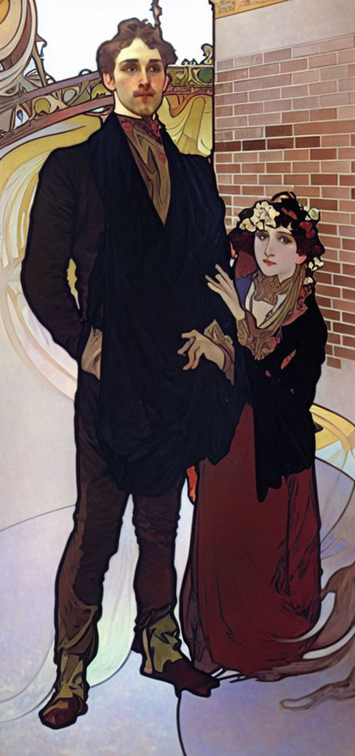 Art Nouveau Style Illustration of Man and Woman in Red Dress