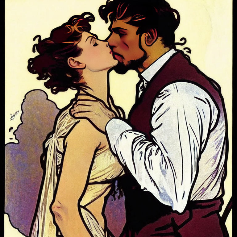 Vintage-inspired illustration of a couple sharing a romantic kiss