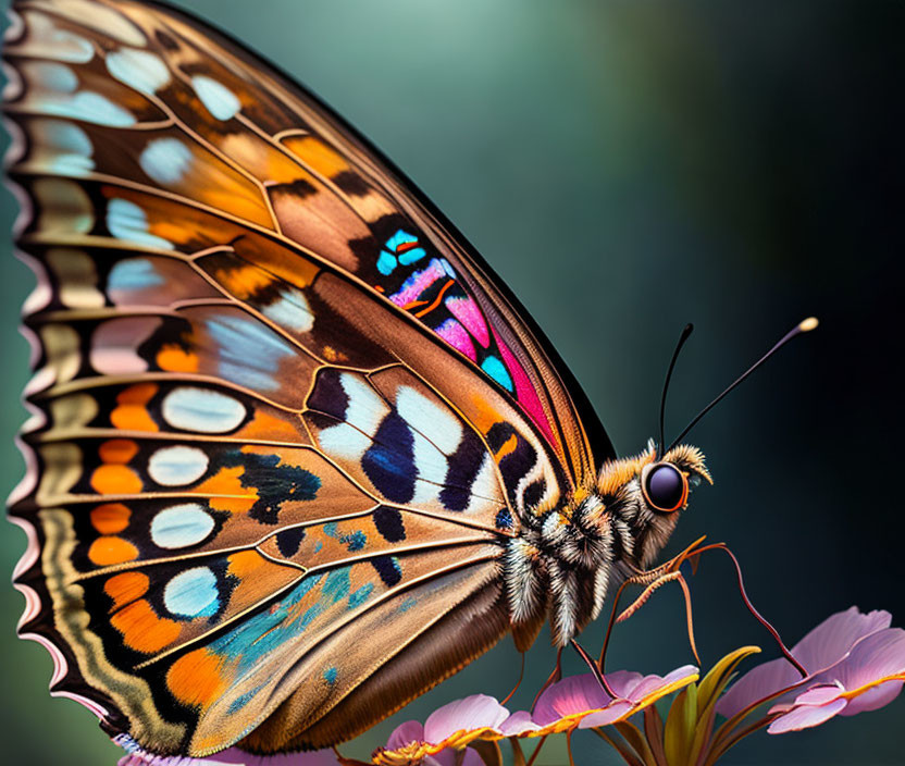 Colorful Butterfly with Detailed Wing Patterns on Flower Background