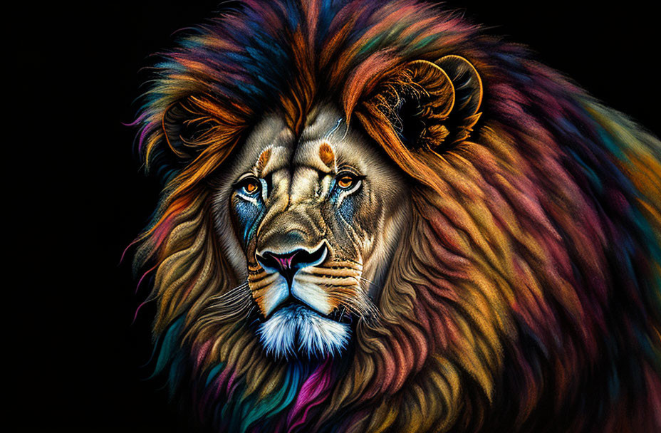 Colorful Lion Illustration with Rainbow Mane on Black Background