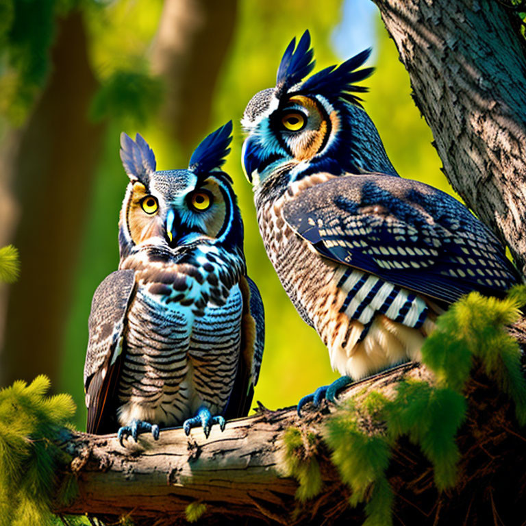 Colorful Ornate Owls Perched on Branch with Green Foliage