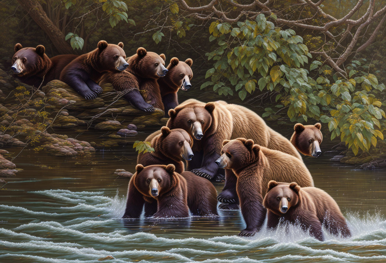 Multiple brown bears in a forest near a stream resting and playing among foliage