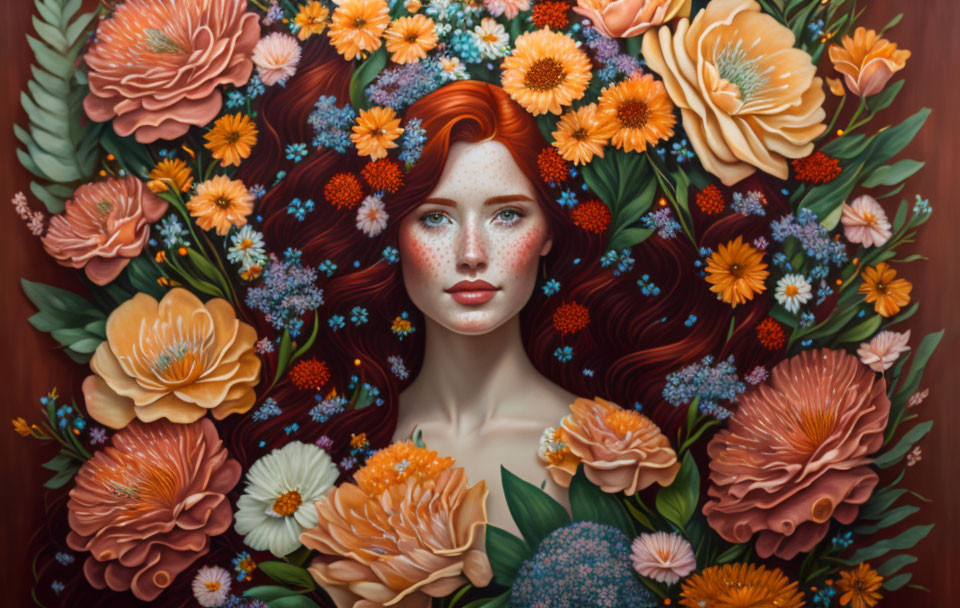 Detailed Illustration: Woman with Red Hair Among Vibrant Flowers