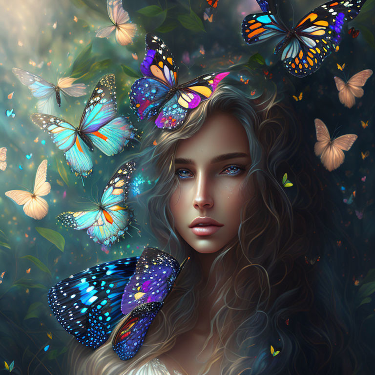 Digital portrait of woman with blue eyes and butterflies in forest setting