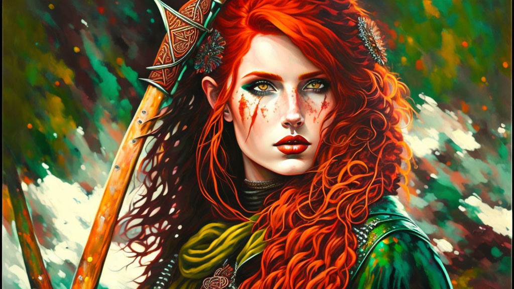 Vivid portrait of woman with red hair and spear in warrior attire