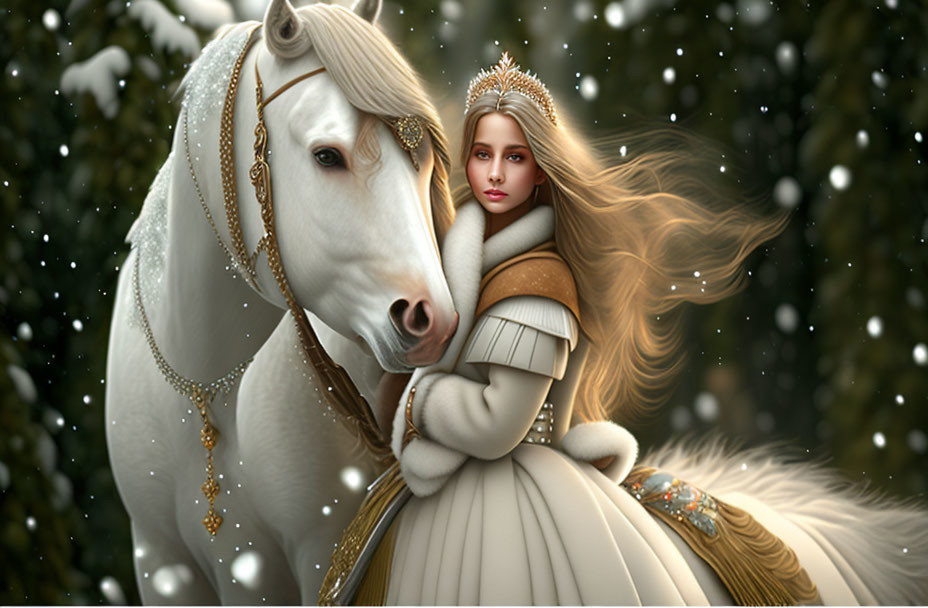 Regal woman in crown with white horse in snowy setting