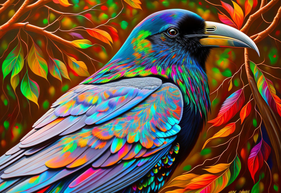 Colorful crow illustration surrounded by autumn leaves.