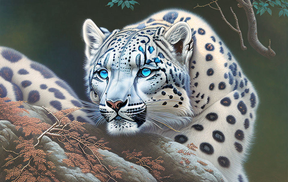 Snow leopard with blue eyes perched on branch in serene forest