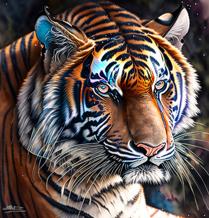 Vivid Tiger Face Artwork with Intense Blue Eyes