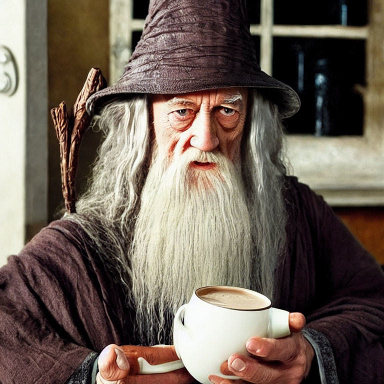 Elderly man with long white beard holding teapot in thoughtful expression