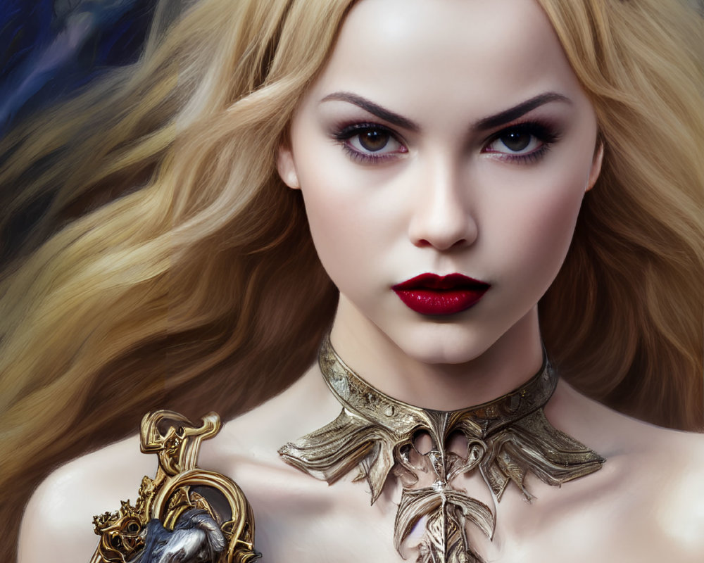 Digital Artwork: Woman with Golden Hair, Red Lips, and Lion Emblem Choker