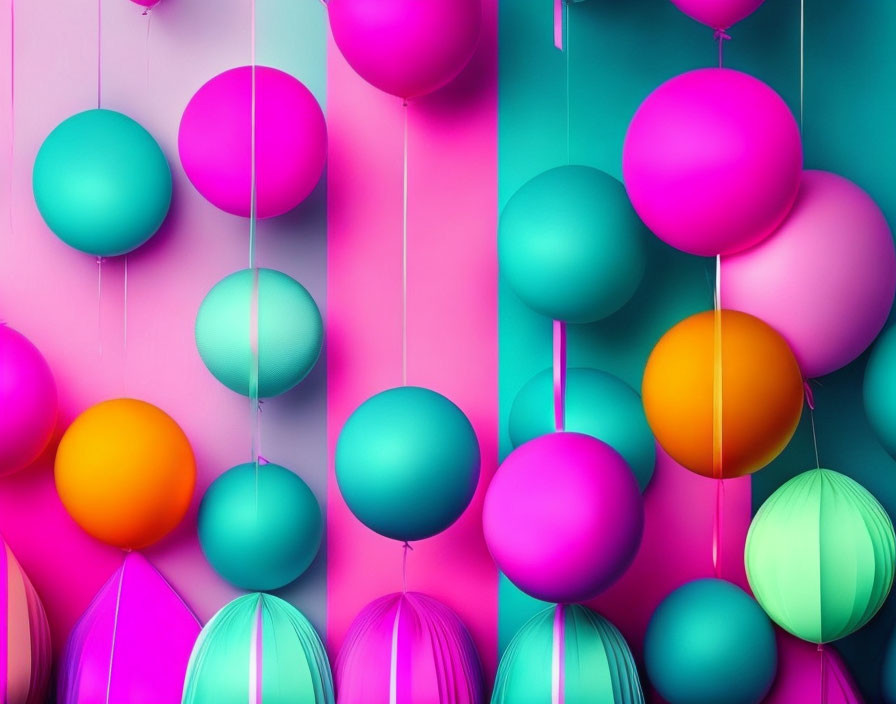 Colorful Spheres Hanging on Strings Against Pink Striped Background