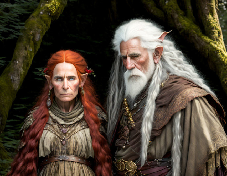 Elderly Fantasy Characters in Elaborate Costumes in Wooded Setting