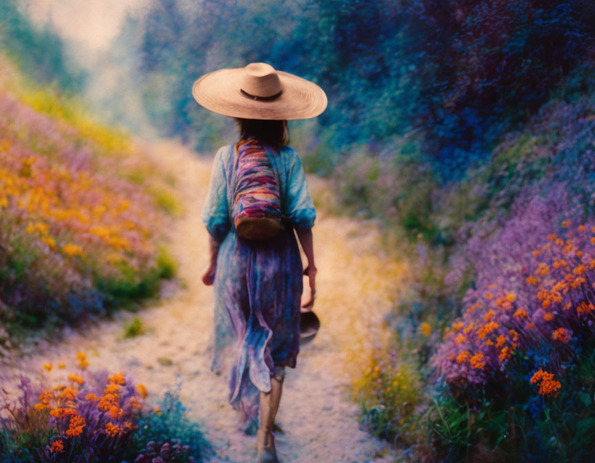 Person in Wide-Brimmed Hat Walking on Flower-Lined Path