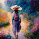 Person in Wide-Brimmed Hat Walking on Flower-Lined Path