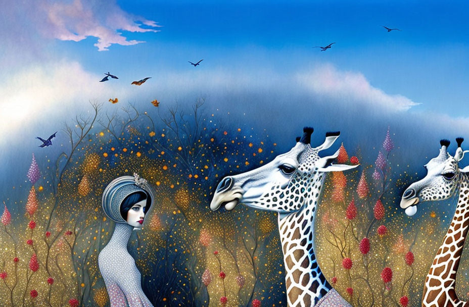 Surreal artwork: Two giraffes, giraffe-like woman, birds, and colorful flora