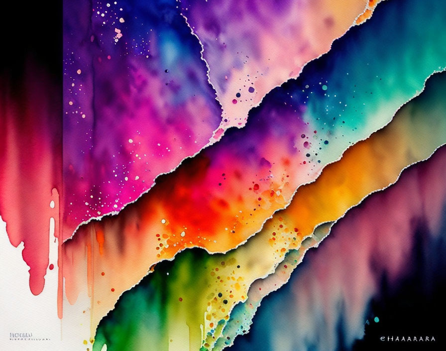 Colorful Watercolor Painting with Drip Effects and Splattered Details