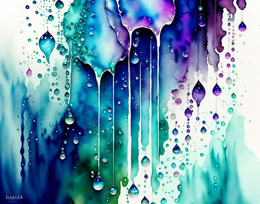 Vivid Blue and Purple Abstract Watercolor Painting with Dripping Patterns