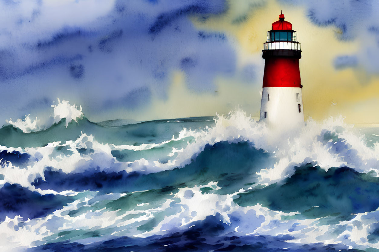 Red and White Lighthouse Painting with Stormy Sea and Cloudy Sky