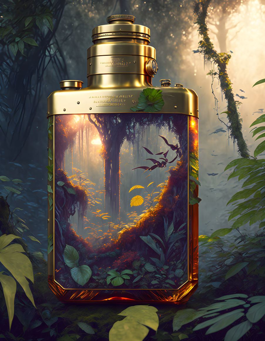 Illustration of forest scene in ornate perfume bottle with mystical woods backdrop