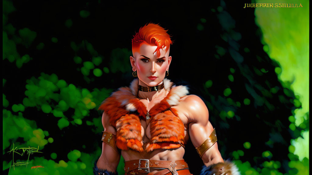 Vibrant orange hair person in fur collar and leather outfit on dark green bokeh.