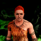 Vibrant orange hair person in fur collar and leather outfit on dark green bokeh.