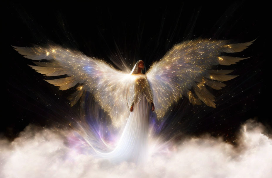 Glowing angelic figure with golden wings in cosmic setting