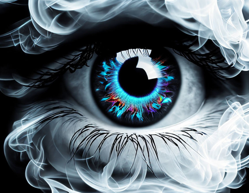 Vividly colored human eye with swirling smoke in digital art