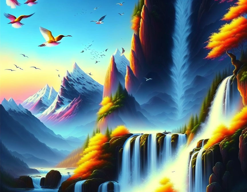 Digital artwork: Serene waterfall, colorful flora, majestic mountains, birds in flight under bright sky