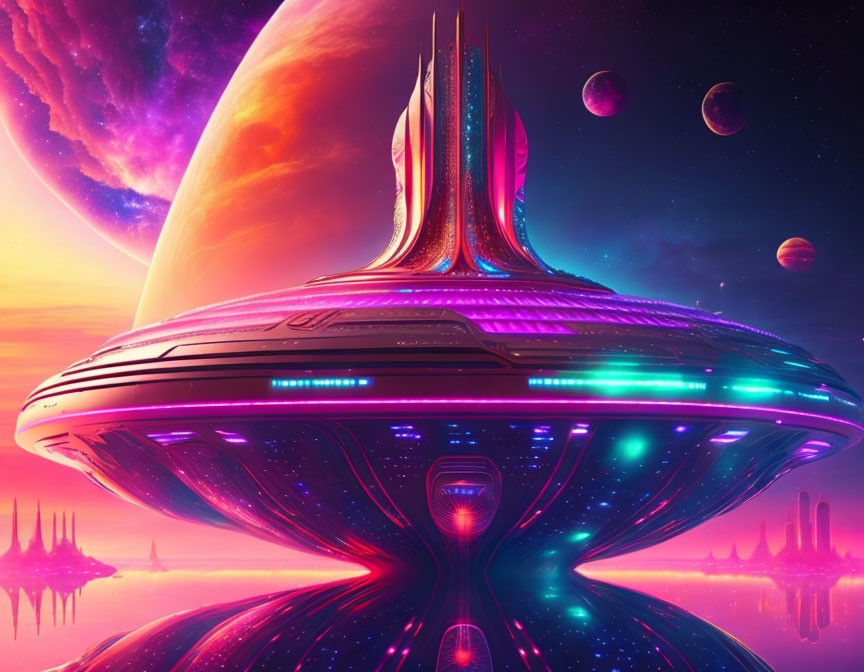 Futuristic spaceship in vibrant sci-fi scene with large planet, moons, and colorful nebula