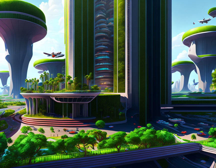 Futuristic cityscape with green skyscrapers and flying vehicles