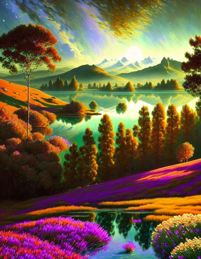 Colorful landscape with flowers, lake, and mountains under warm sunset sky