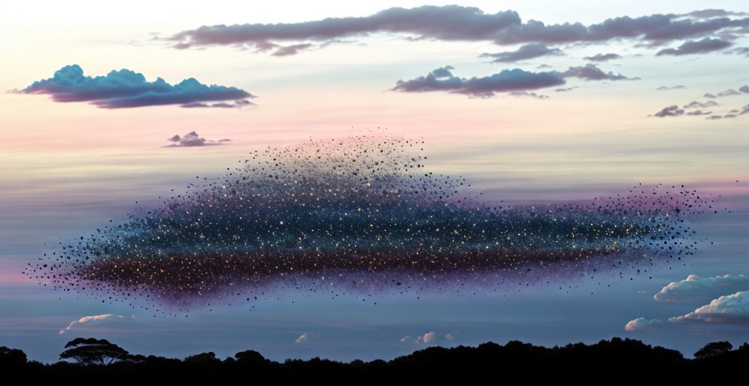 Starlings Form Amorphous Shape in Twilight Sky