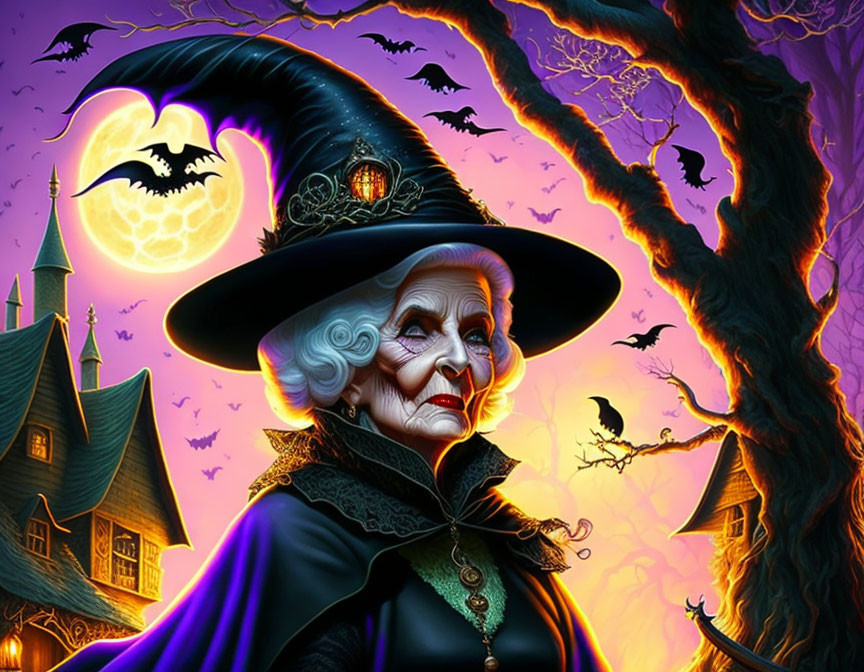 Elderly witch with white hair in front of spooky castle under full moon