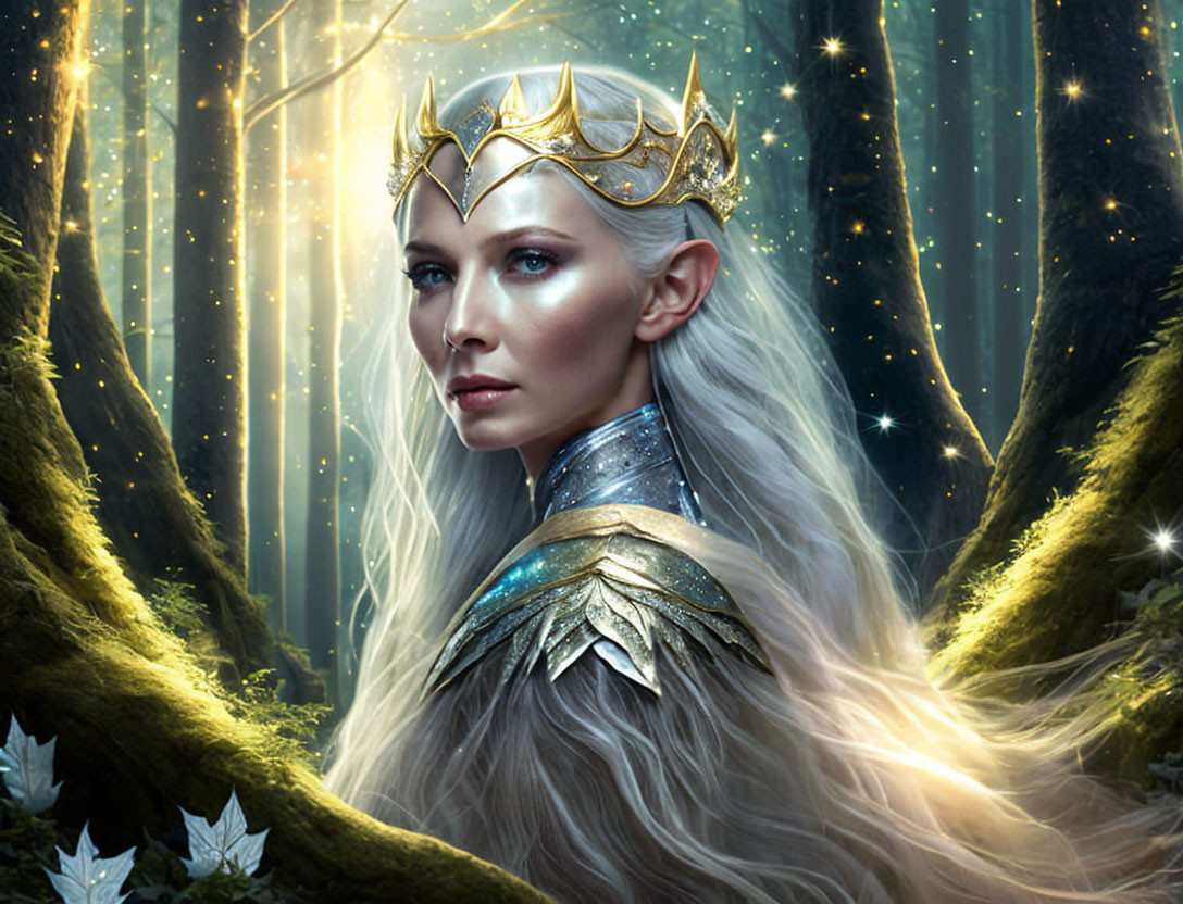 Elven queen in golden crown and silver armor in sunlit forest