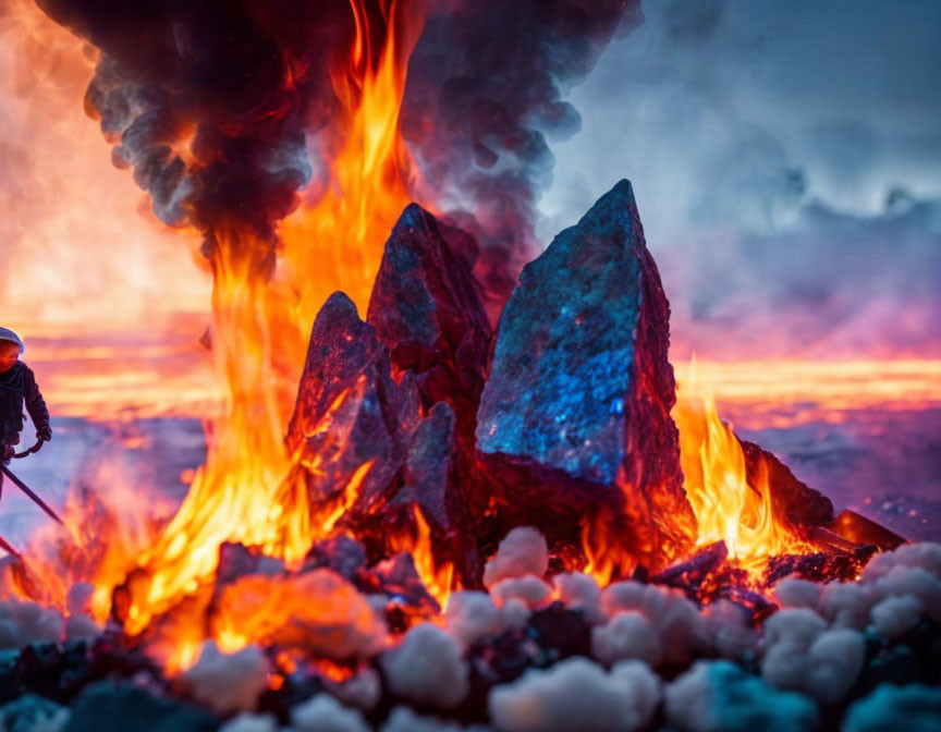 Intense volcanic eruption with lava, fiery rocks, smoke, and dramatic sky