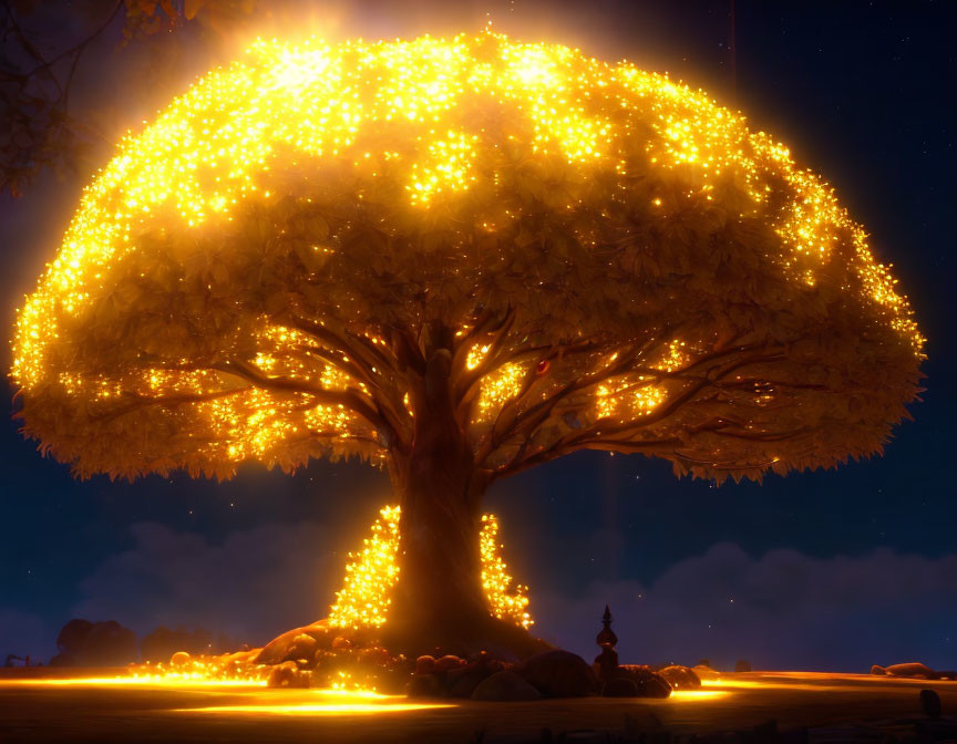 Majestic tree with golden lights against twilight sky