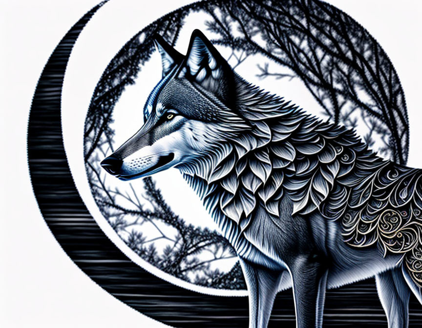 Detailed Grey Wolf Artwork with Intricate Fur Patterns and Silhouetted Trees Background