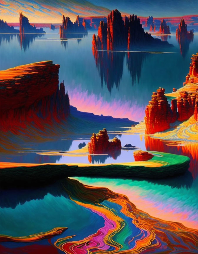 Colorful surreal landscape with reflections, orange-red rocks, blue skies, and rainbow patterns.