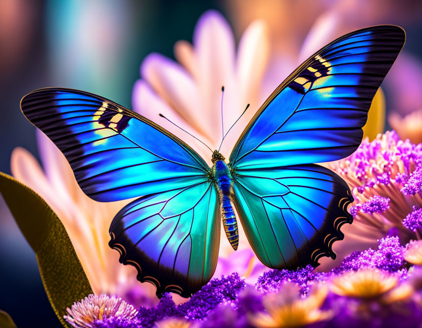 Blue butterfly with black and turquoise patterns on purple flowers