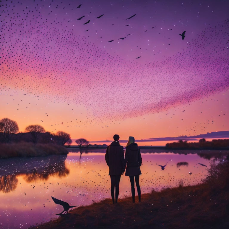 Couple holding hands by lake at twilight with birds in purple sky