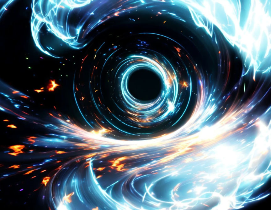 Swirling blue and orange vortex digital art depiction.