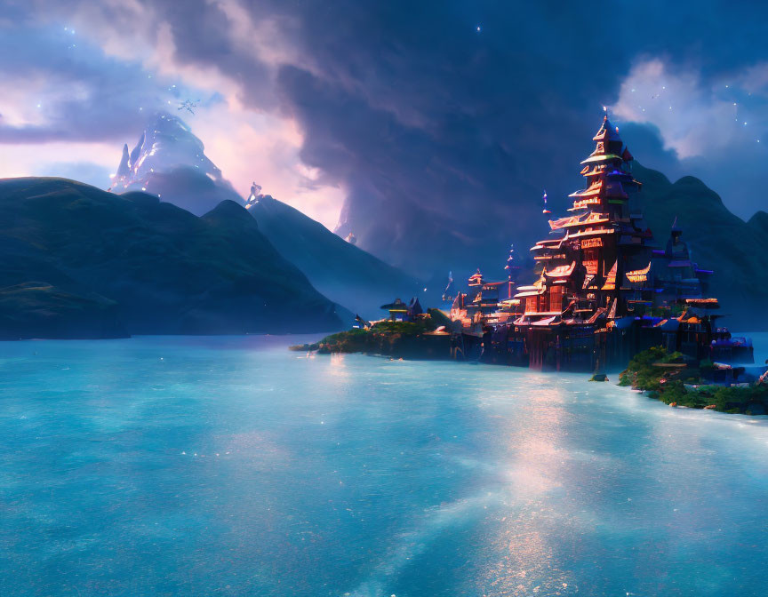 Ethereal fantasy landscape with pagoda near glowing blue water