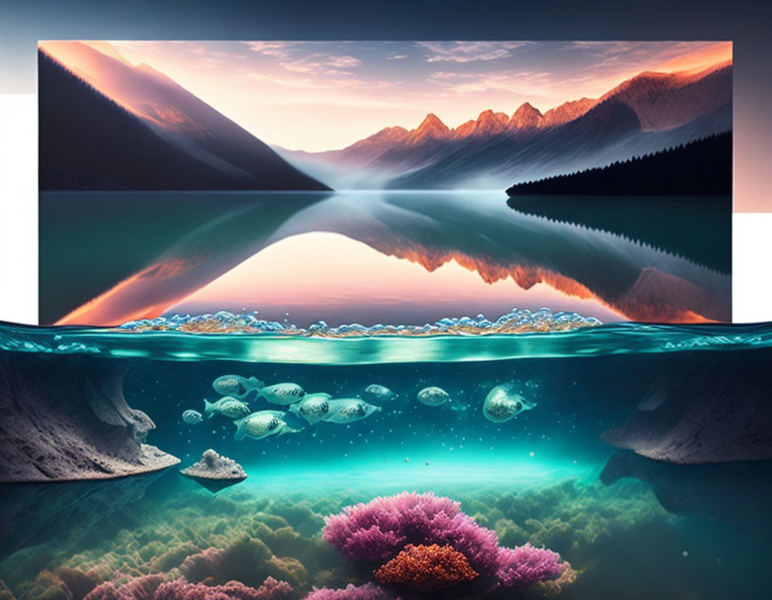 Split View Image: Mountain Landscape Above Water, Underwater Fish and Coral