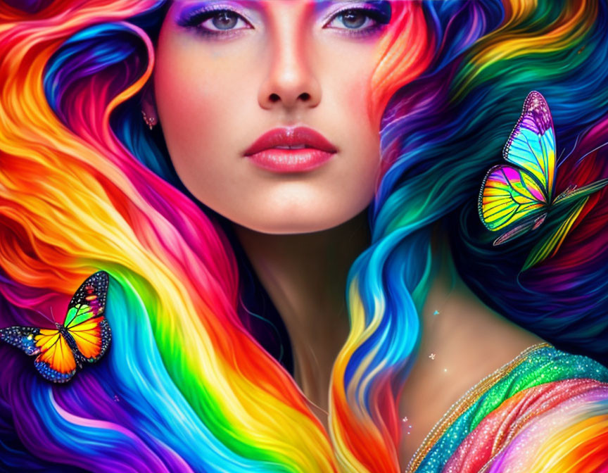 Colorful portrait featuring person with rainbow hair, makeup, and butterflies