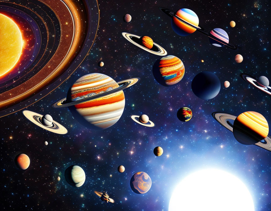 Colorful Solar System with Planets Orbiting Sun