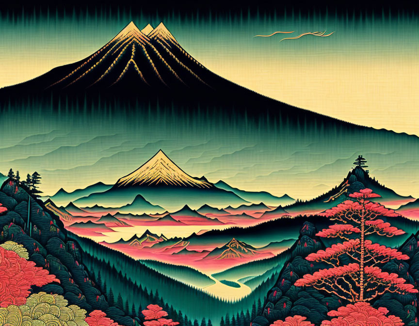 Layered mountain illustration under green aurora sky with Mt. Fuji peaks