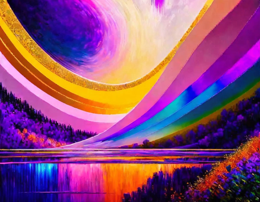 Colorful landscape with swirling sky, rainbow, and reflective water